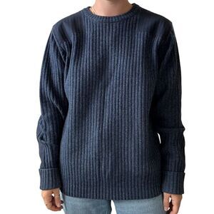 LL Bean Mens 100% Lambs Wool Ribbed Navy Blue Elbow Patch Crewneck Sweater Sz L